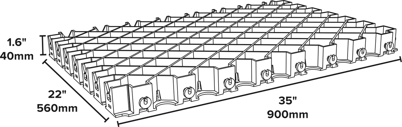 Diamond Grid panel dimensions: 900mm wide, 560mm long, 40mm high